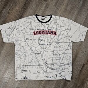 Vintage State of Mine Louisiana All Over Print Map T-Shirt Ringer Elastic Hem L